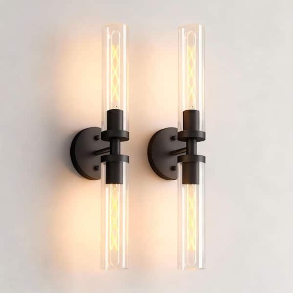 5 in. W x 22 in. H 2-Light Black Wall Sconce, Clear Glass Vanity Lights(Set of 2) for Bathroom, Living Room, Bedroom