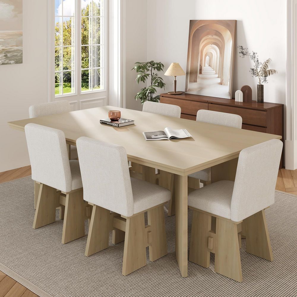 Natural Modern 7-Piece Durable Solid Wood Dining Table Set with 6 Upholstered Dining Chairs