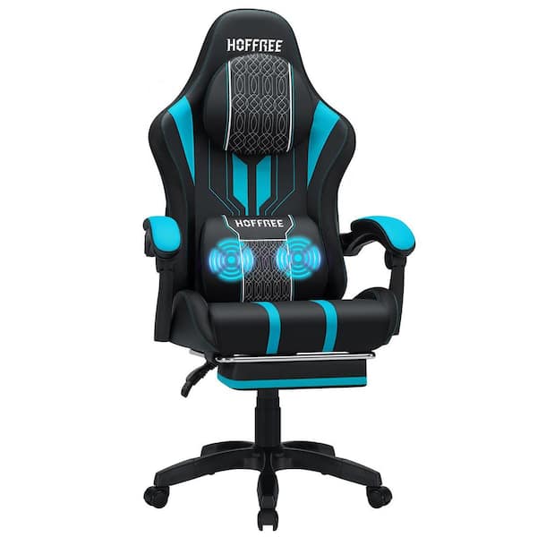 Hoffree Faux Leather Massage Ergonomic Game Chair Big and Tall Gaming Chair in Blue with Padded Arms