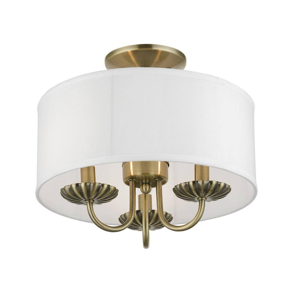Antique Brass 13" Semi-Flush Mount with Off-White Drum Shade