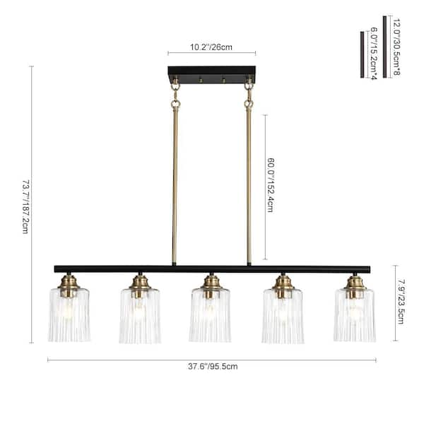 Sierra 5-Light 33.7 in. W Matte Black Chandelier Transitional Bell Pendant with Brass Accents and Pressure Ribbed Glass