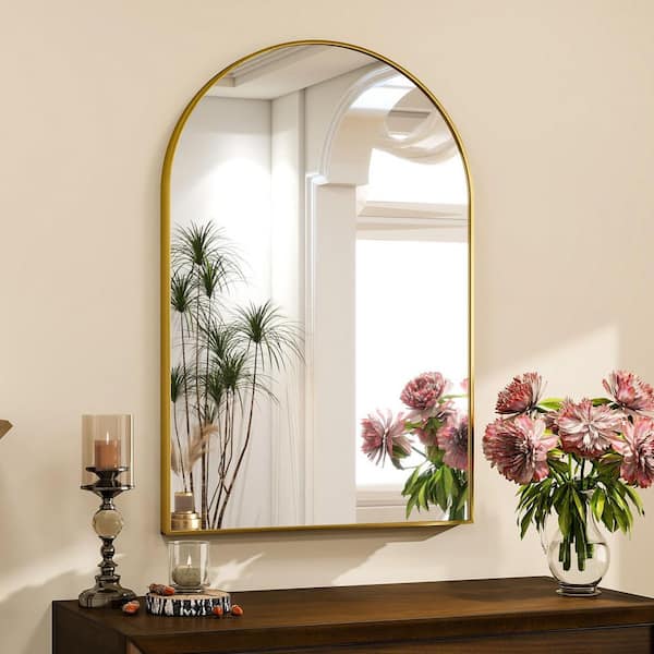 Gold 20 in. W x 30 in. H Arched Modern Bathroom Vanity Wall Mirror Aluminum Alloy Framed Mirror