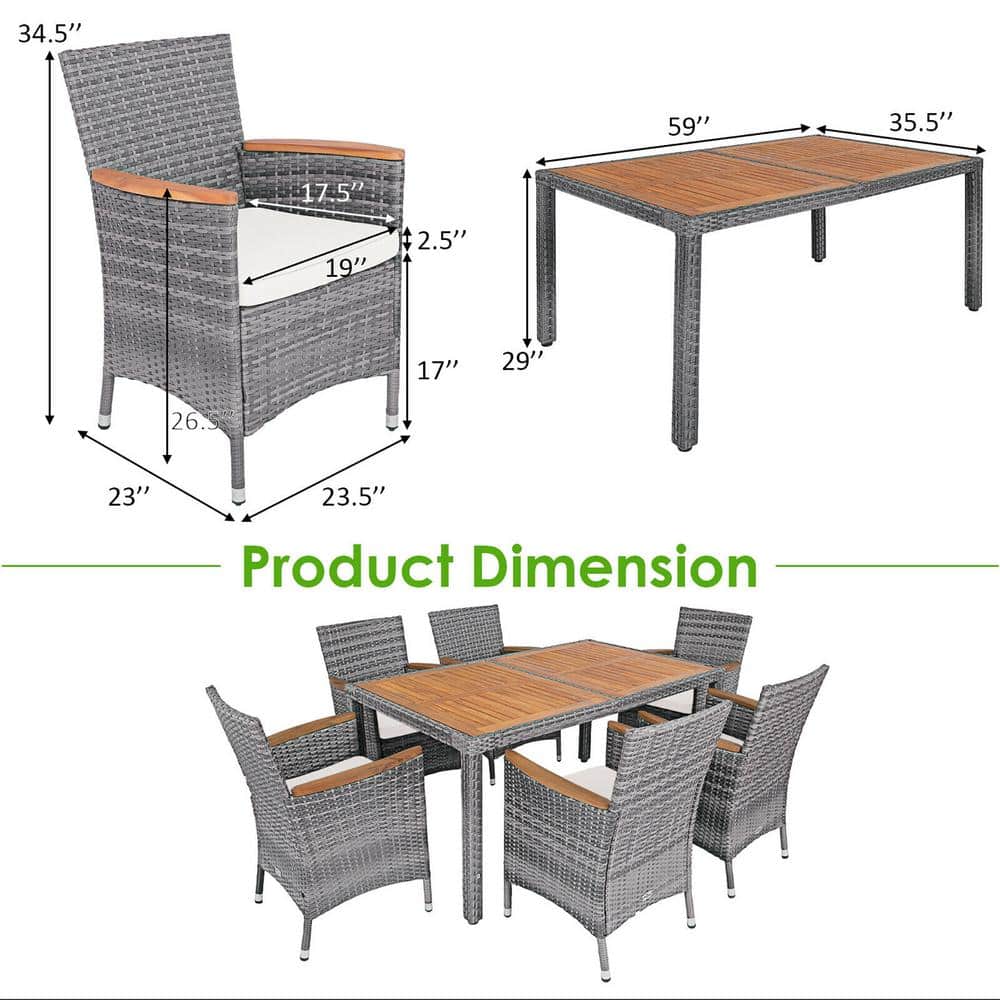 Gray and Beige 6-Person Rattan Dining Set with Acacia Wood Table