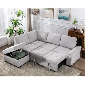 86.2 in. W Gray L-shaped Linen Twin Size Sofa Bed with Storage Ottoman and Hidden Storage Arm