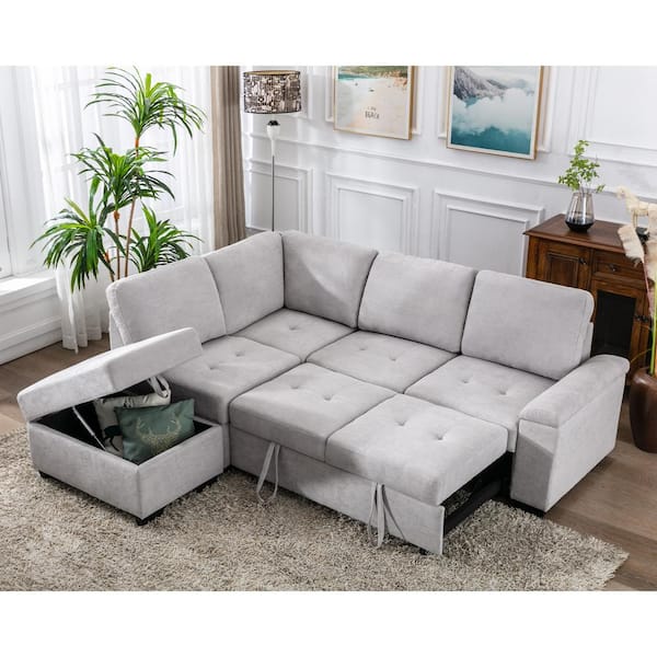 Harper & Bright Designs 85 in. Gray Velvet Twin Size 5-Seat Sofa Bed with Storage Ottoman, Hidden Arm Storage snd USB Charge