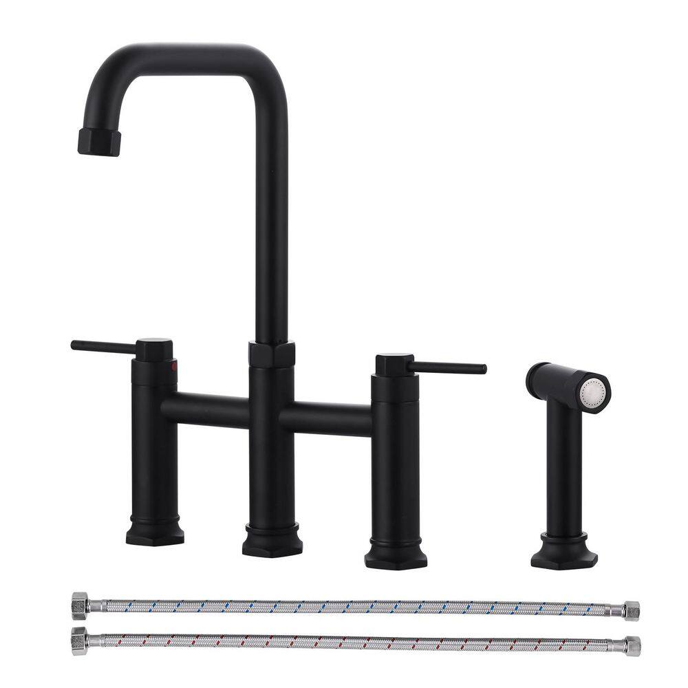 Solid Brass 2-Handle High-Arc 4-Hole Deck-Mount Kitchen Faucet with Side Sprayer in Matte Black