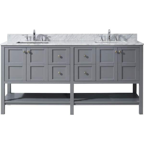 Virtu USA Winterfell 72 in. W Bath Vanity in Gray with Marble Vanity Top in White with Square Basin