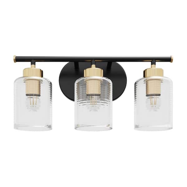 aiwen Modern 16.14 in. 3-Light Black and Gold Bathroom Dimmable Vanity Light Fixture Over Mirror with Glass Shades