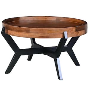30 in. Brown and Black Round Acacia Wood Tray Coffee Table with Flared Metal Legs