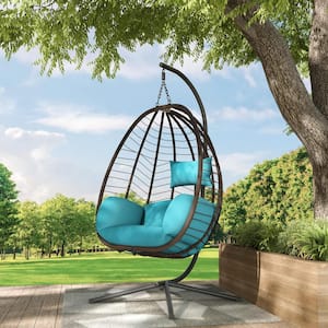 Outdoor Indoor Wicker Egg Swing Chair with Stand 350 lbs. Capacity Strong Frame Blue Cushions, Patio, Balcony, Bedroom