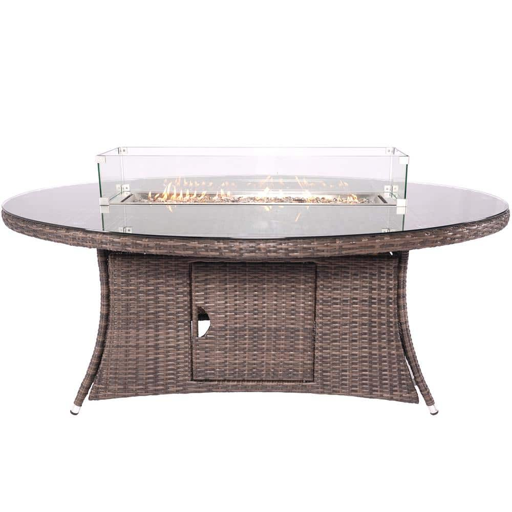 DIRECT WICKER Turnbury 47 in. x 71 in. Propane Oval Wicker Gas Fire Pit Table with Tempered Glass Surround