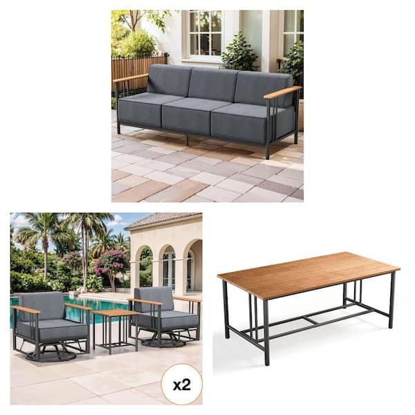 3-Seat Metal Sofa, 3-Piece Rocking Chair Set and Metal Coffee Table with Wood Grain Top