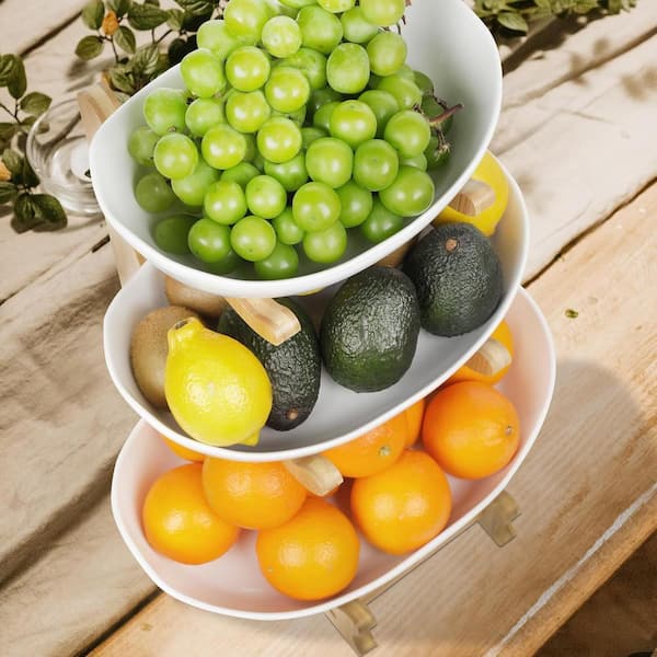 3-Tier Fruit Bowl Ceramic Countertop with Bamboo Stand in White