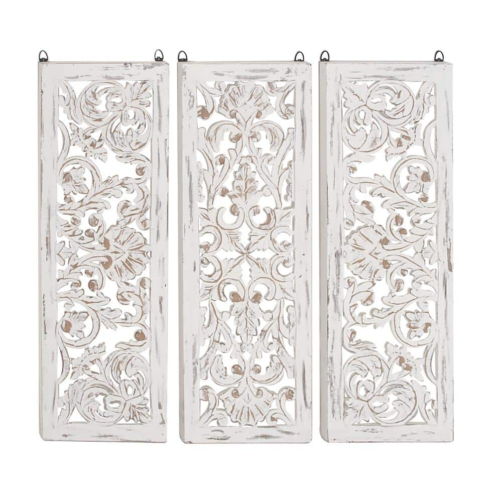 White Distressed Wood Carved Floral Wall Panels Set of 3