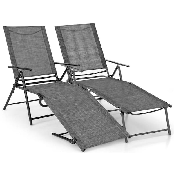 Metal Folding Outdoor Lounge Chairs with 6-Level Backrest Reclining Chairs in Grey (Set of 2）