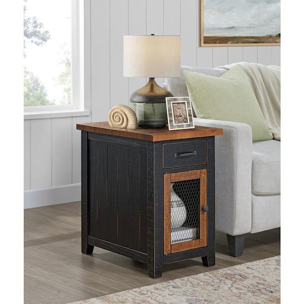 Martin Svensson Home Rustic 16 in. Black and Honey Solid Wood Rectangle Chairside End Table with Power
