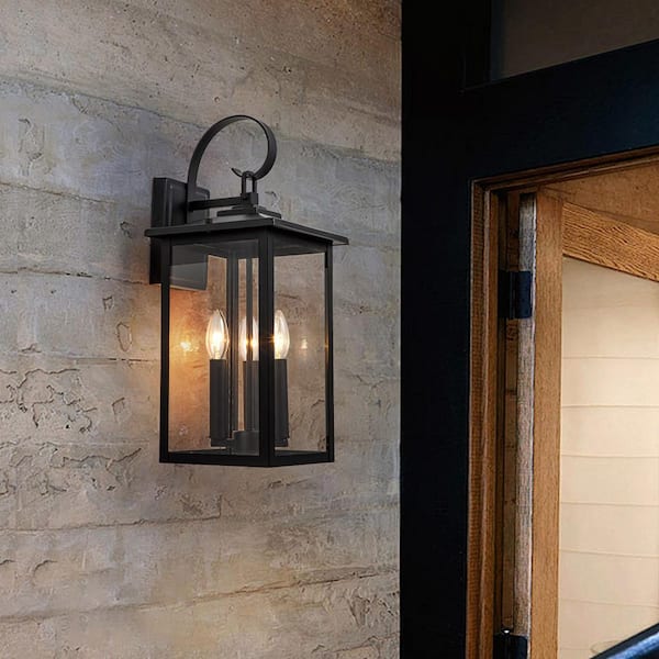 19.7 in. H 3-Light Matte Black Dusk to Dawn Outdoor Hardwired Wall Lantern Scone with No Bulbs Included