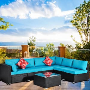 Outdoor Black 7-Piece Wicker Patio Conversation Seating Set with Blue Cushions