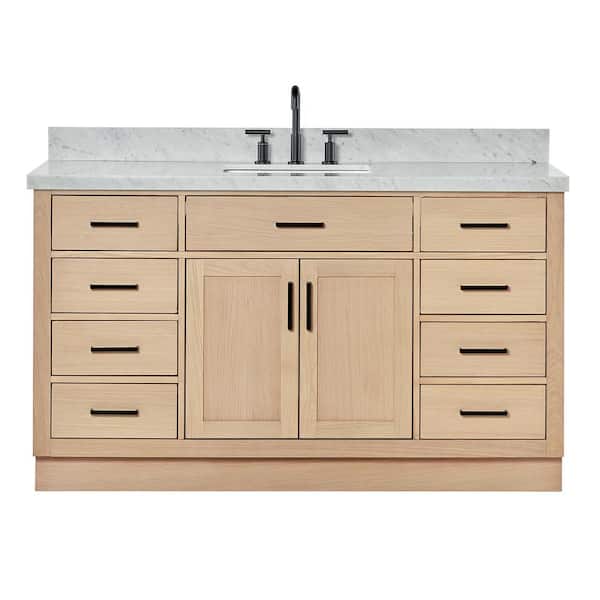 Hepburn 61 in. W x 22 in. D x 36 in. H Single Sink Bath Vanity in Oak with Italian Carrara Marble Top