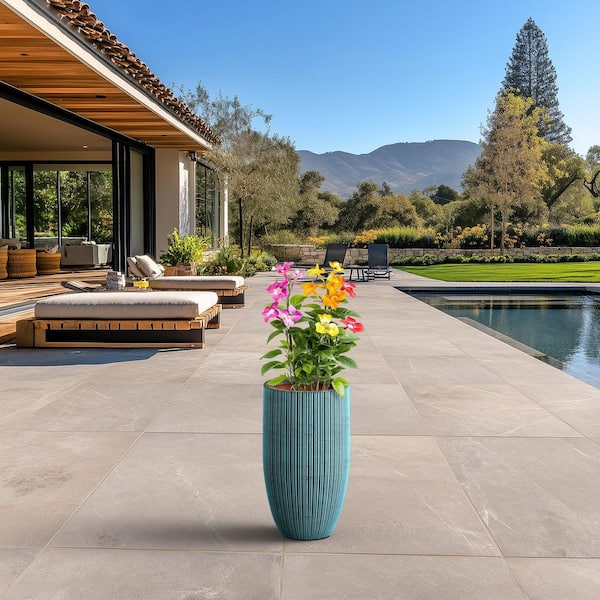 Sapcrete 14 in. Large Blue Patina (Enhanced Interior) Concrete Round Planter / Pot with Drainage Holes