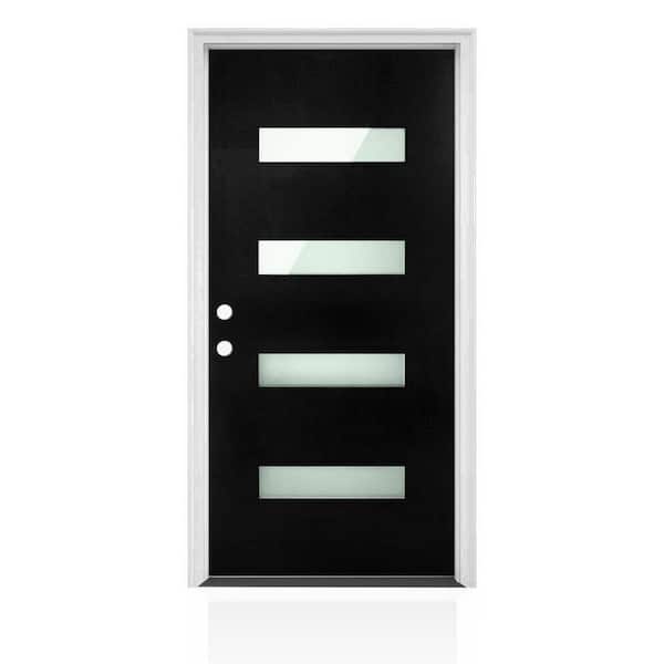 36 in. x 80 in. Right-Hand 4 Lite Frosted Glass Black Modern Prehung Exterior Fiberglass Front Door with Brickmould