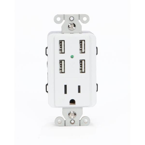 U-Socket 15 Amp AC Wall Outlet Receptacle with 4 Built-In USB Charging Ports