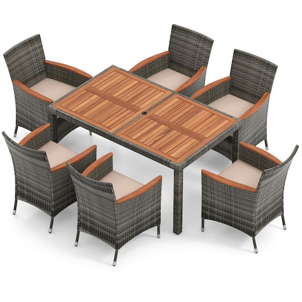 7-Piece Gray Metal Wicker Outdoor Dining Set with Beige Cushion