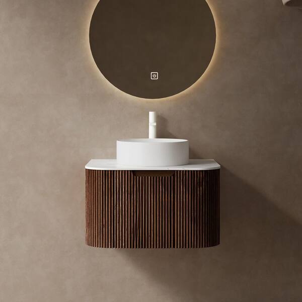 24 in. W x 19 in. D x 19 in. H Wall-Mounted Bath Vanity in Walnut with White Engineered Marble Top