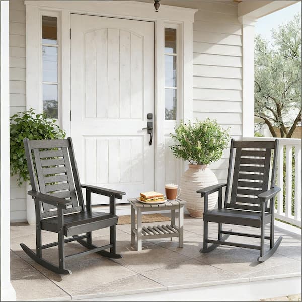 Dark Gray Plastic Outdoor Rocking Chairs durable construction easy to install (2-Pack)