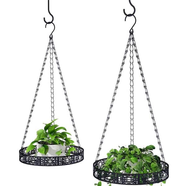 AULEDIO 12 in. Black Metal Hanging Planter Basket Pot Holder with Ceiling Hook (2-Pack)