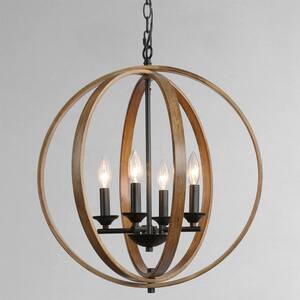 Modern Farmhouse 20 in. 4-Light Black Artisan Iron Orb Chandelier with Painted Pine Wood Accents Pendant Light