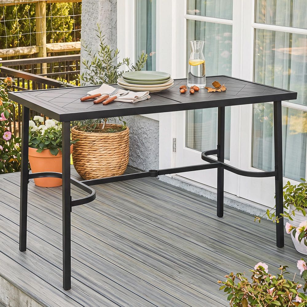 Black Rectangular Metal Bar Height Outdoor Dining Table with Diamond-Patterned Tabletop, Umbrella Hole price history on PriceWatchPro