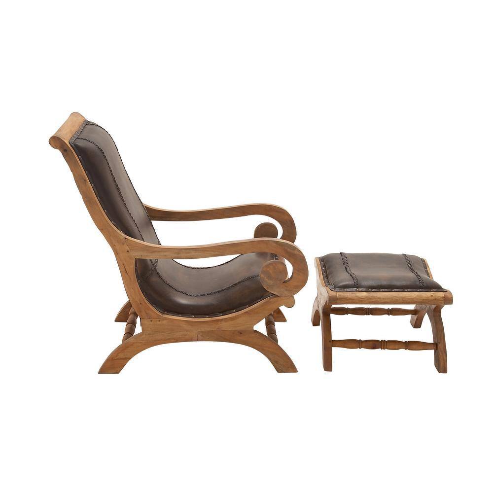 Traditional Dark Brown Leather Accent Chair and Ottoman Set