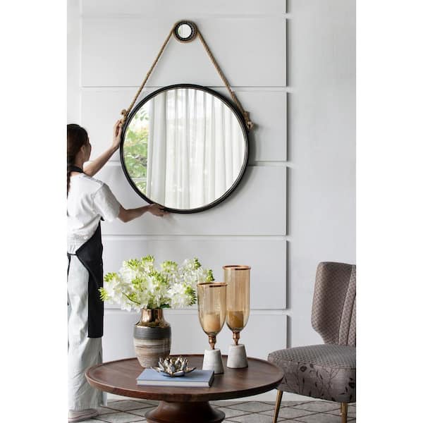 29.50 in. W x 29.50 in. H Hanging Round Industrial Decor Mirror with Black Framed and with Rope Strap