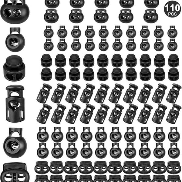 Lukyamzn 110 Pieces Plastic Cord Locks for Drawstrings, Shoelaces, and Bags (6 Sizes, Black)
