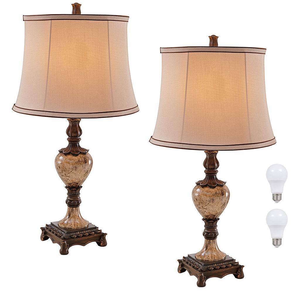 TRUE FINE 26 in. Antique Bronze/Faux Marble Table Lamp with Beige Shade