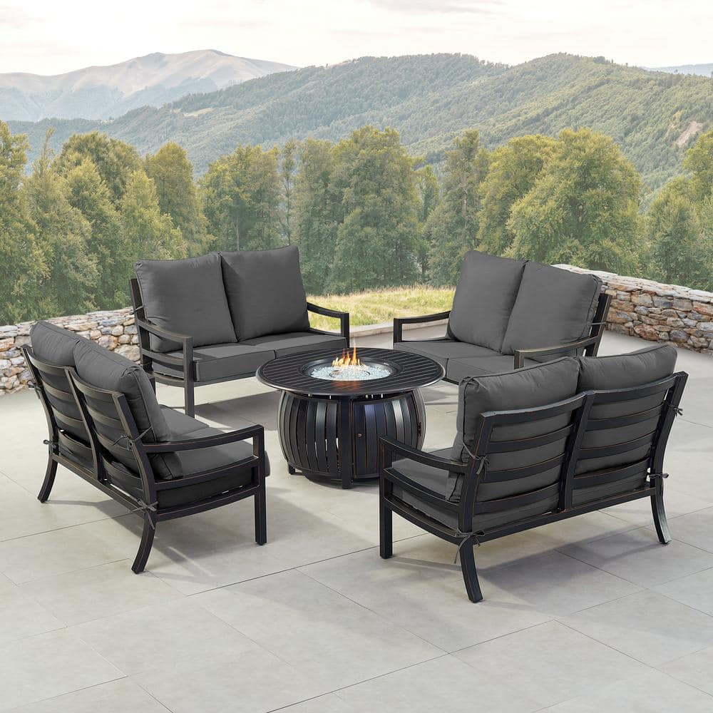 Oakland Living Black 7-Piece Aluminum Patio Fire Pit with 4-Deep Seating Loveseat Black Cushions