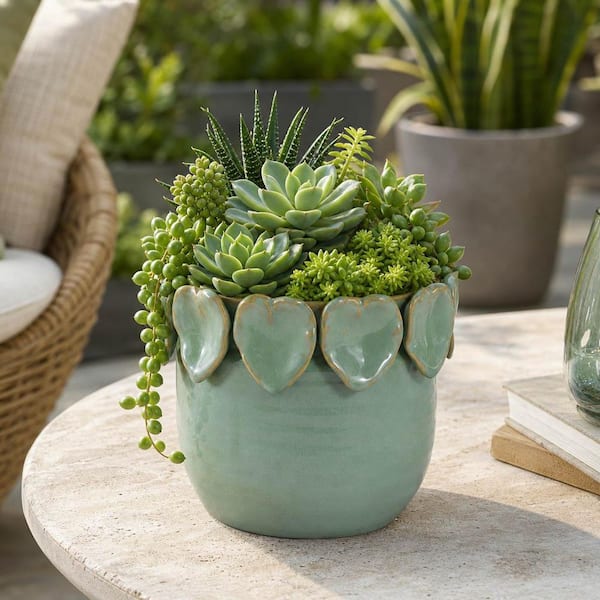 Green Ceramic Sculpted Leaf Applique Decorative Planter (6 in. W x 5.25 in. H)