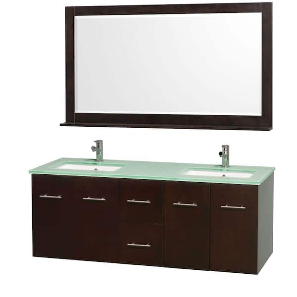Wyndham Collection Centra 60 in. Double Vanity in Espresso with Glass Vanity Top in Aqua and Square Porcelain Under-Mounted Sinks