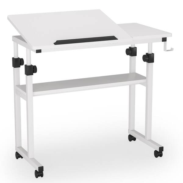 BYBLIGHT Moronia 31.5 in. White Portable Laptop Desk H Adjustable Bedside Table with Tiltable Drawing Board and Wheels