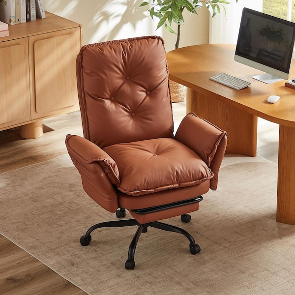 PU Leather High-Back Cross-Legged Office Chair in Brown w/ Flip-up Arms, Ergonomic Swivel Executive Chair With Footrest