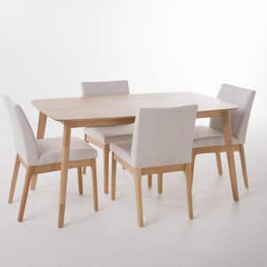 Kwame 5-Piece Light Beige Fabric and Natural Oak 60 in. Dining Set