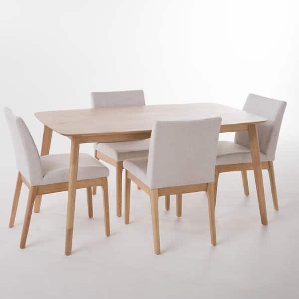 Noble House Kwame 5-Piece Light Beige Fabric and Natural Oak 60 in. Dining Set