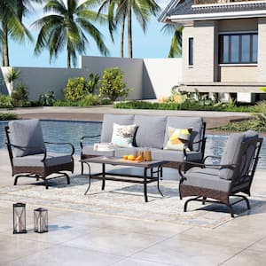 Rattan 4-Piece 5 Seat Steel Outdoor Patio Conversation Set with Gray Cushions, Motion Sofas and Wood-Grain Table