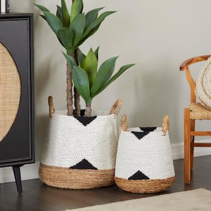 Banana Leaf Handmade Triangle Details Storage Basket with Handles (Set of 2)