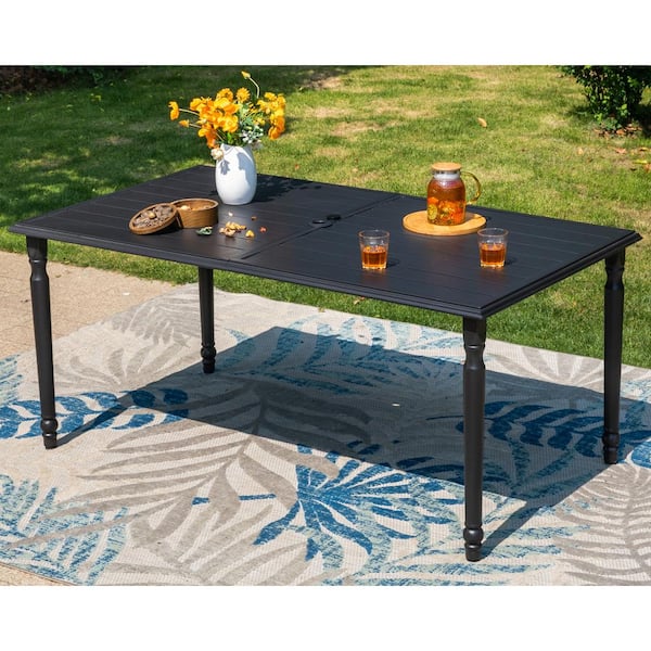 PHI VILLA Black Rectangle Metal Outdoor Dining Table with Umbrella Hole