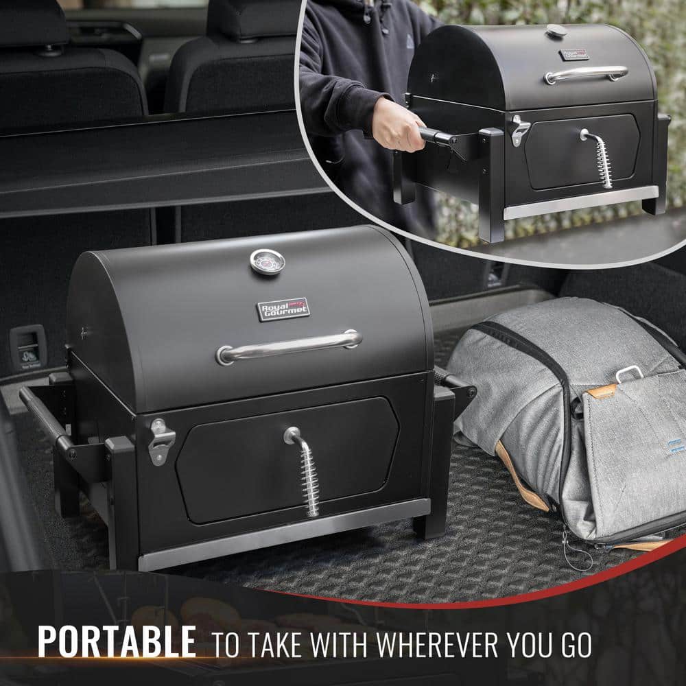 Compact Black Steel Portable Charcoal Grill with Warming Rack
