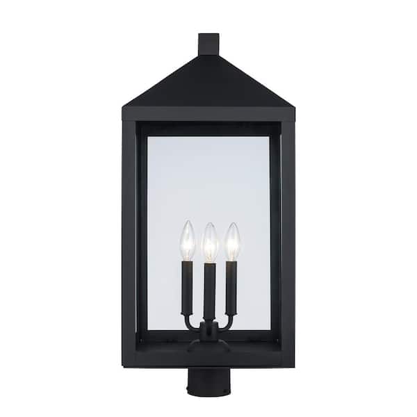 Storm 27 in. 3-Light Black Metal Hardwired Outdoor Lamp Post Light Fixture with Clear Glass