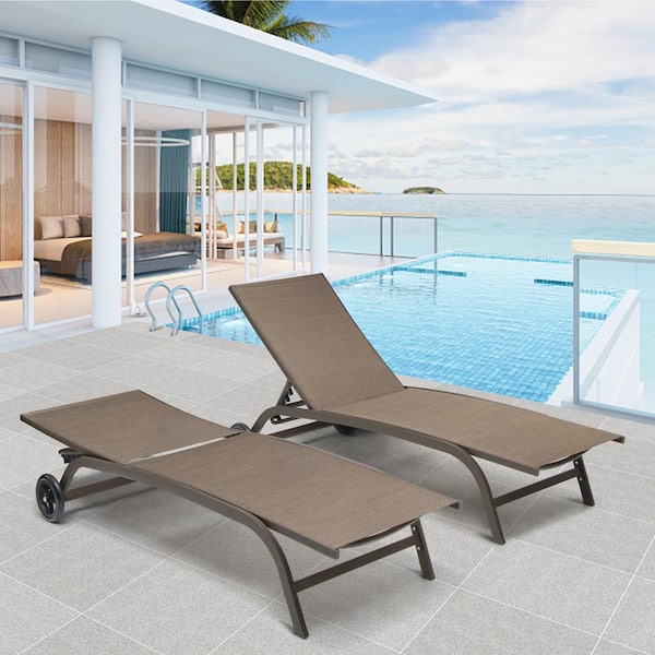 Pellebant Full Flat 2-Piece Aluminum Outdoor Chaise Lounge in Brown with Wheels