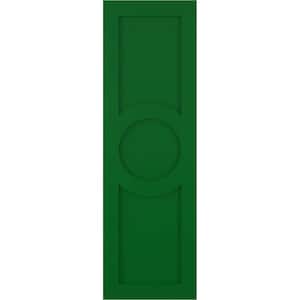 True Fit 12 in. x 78 in. PVC Center Circle Arts and Crafts Fixed Mount Flat Panel Shutters Pair in Viridian Green